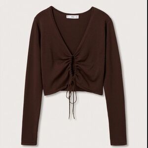 NWT Mango MNG Women’s Knit Top Large Chocolate Brown Tie Front Cardigan Cropped